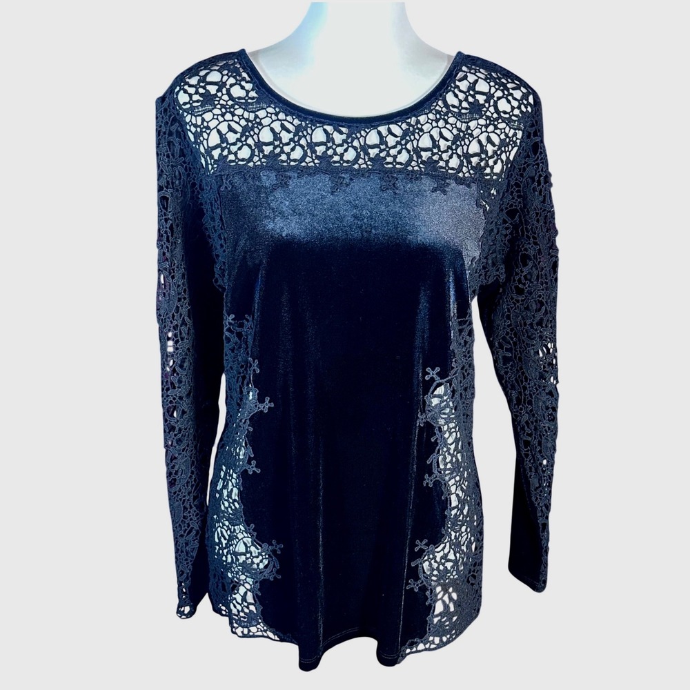 Sundance Velvet Lace Lily Paramour Top Womens Medium Black Long Sleeve Crew Neck